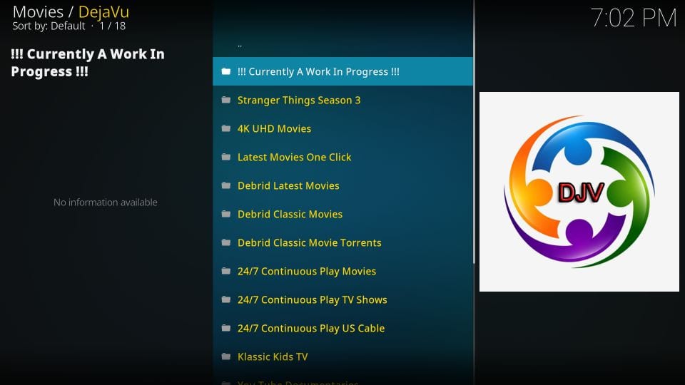 home screen of DejaVu Kodi Addon