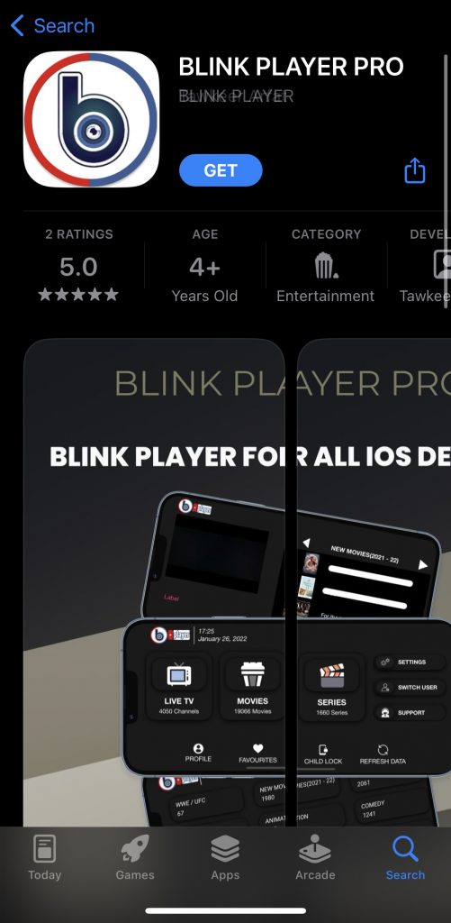 Click the Get button to download IPTV Blink Player on iOS