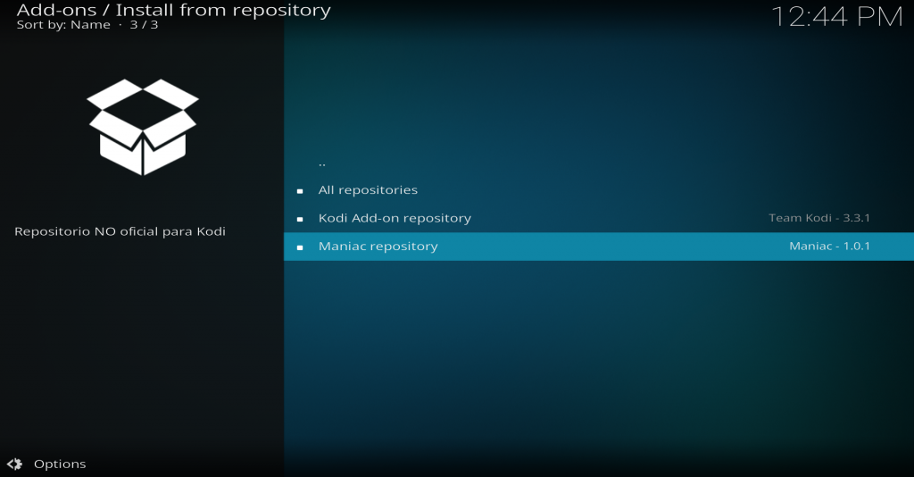 Maniac repository option on Kodi