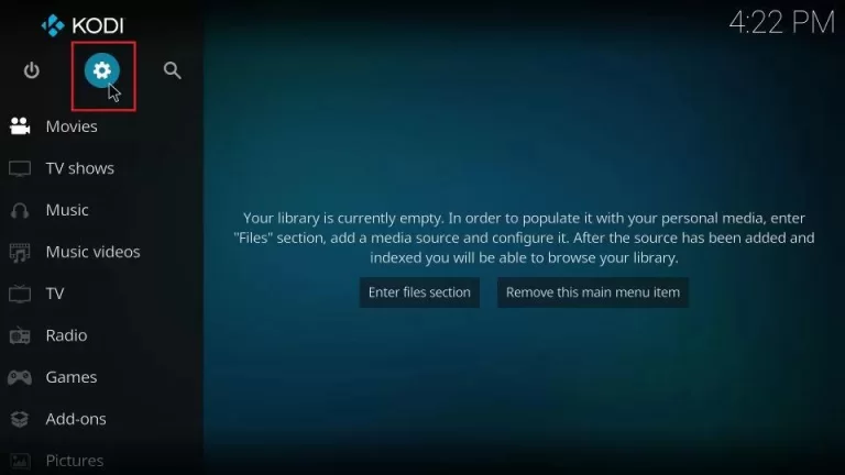 Settings icon on Kodi app