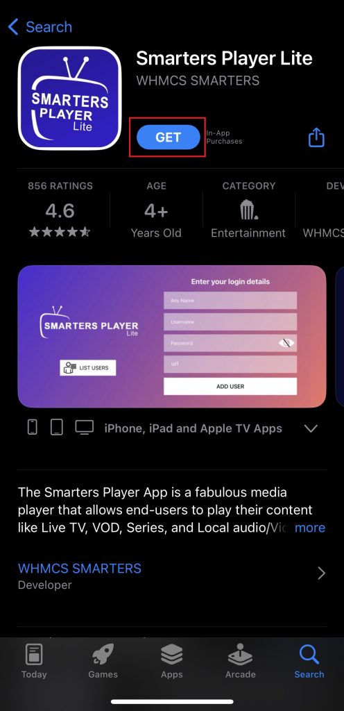 Click the Get button to install IPTV Smarters Player on iOS