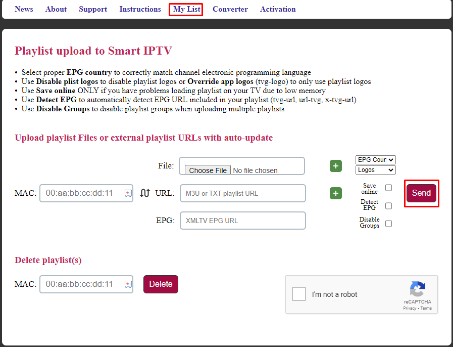 Click Send to activate IPTV Soft on your TV