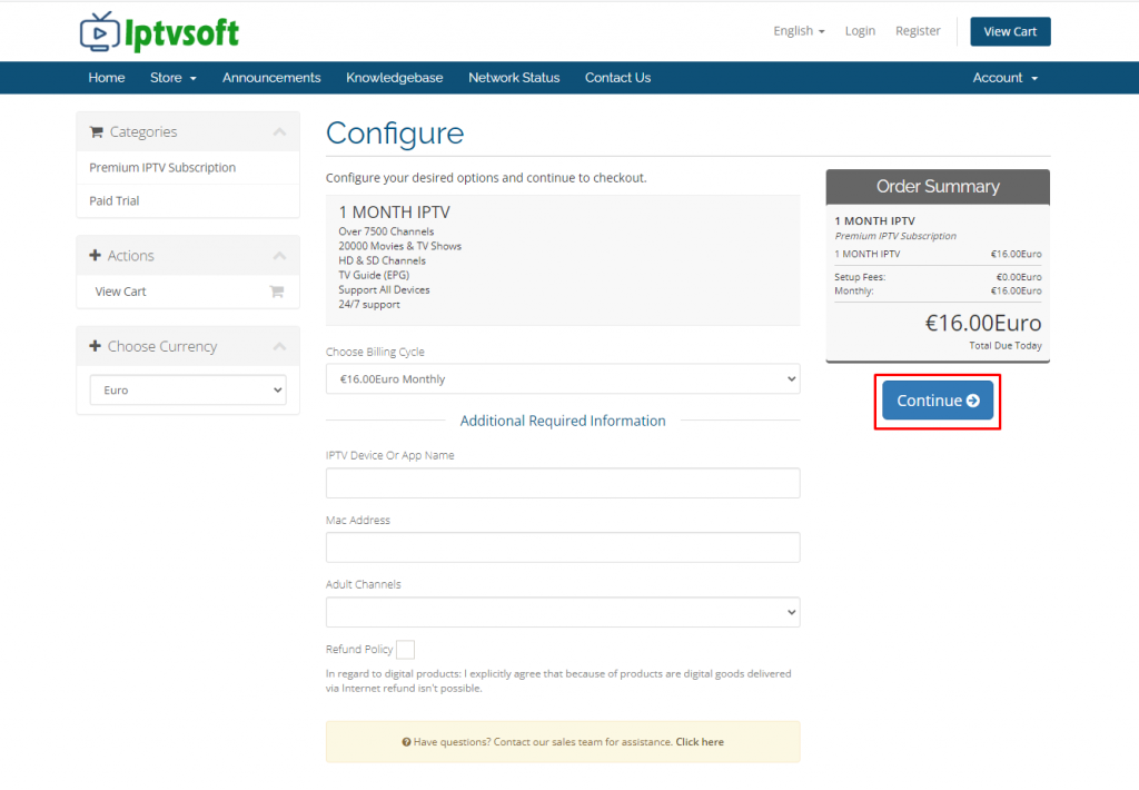 Click Continue to subscribe IPTV Soft
