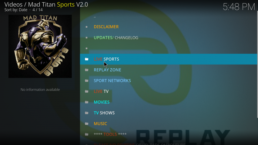 Select the file to stream MAd Titan Sports Addon