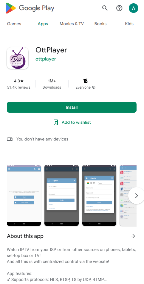 OttPlayer on play store for android device