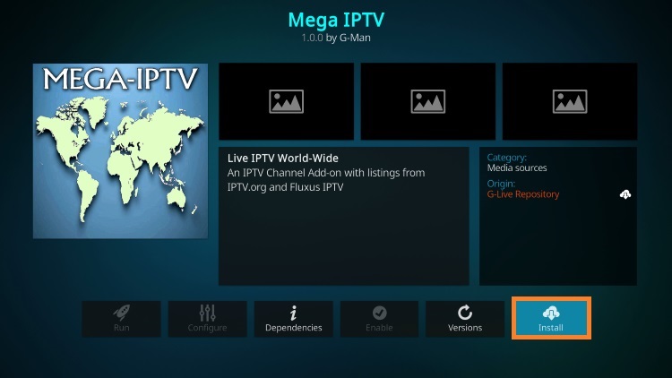 Tap the Install button to get Mega IPTV Addon