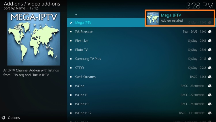 The Mega IPTV addon installed notification