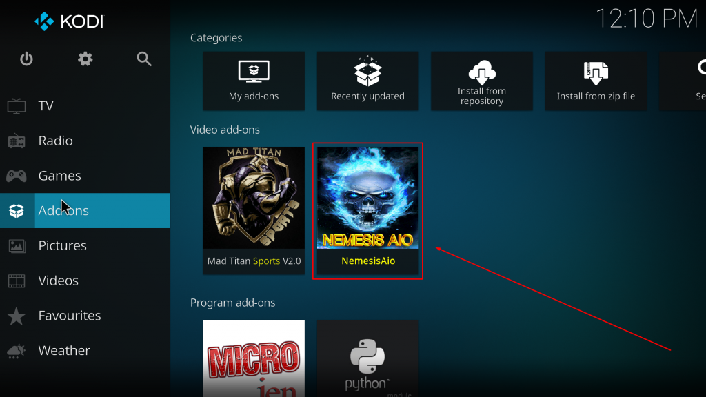 Select the Nemesis Addon to launch the addon on Kodi