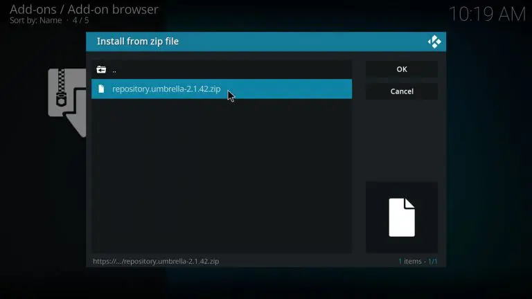 Select the Zip File to install Umbrella Kodi Addon