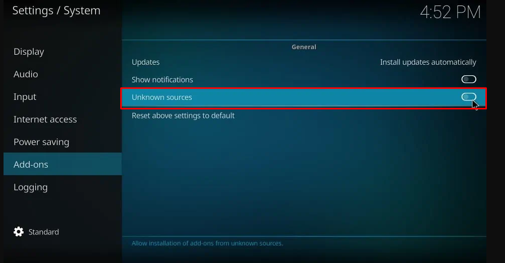 Click enable Unknown Sources to install Umbrella Kodi addon