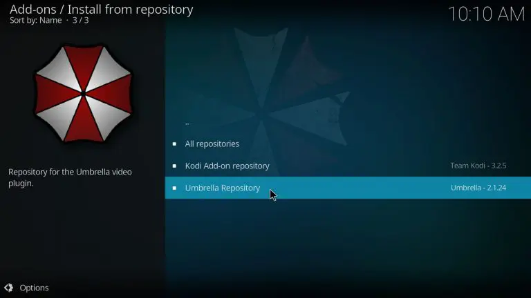 Select the repository to download Umbrella Addon on Kodi