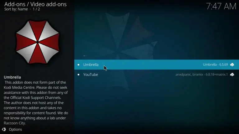 Select the Umbrella file to install Umbrella Kodi Addon