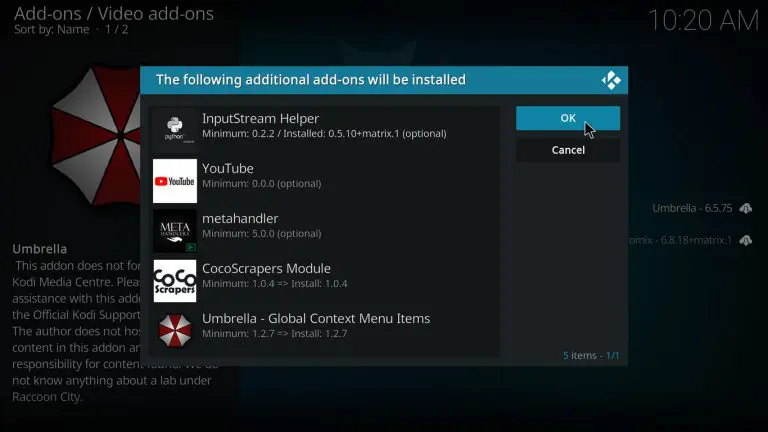 Click OK to download the additional files of Umbrella Kodi Addon