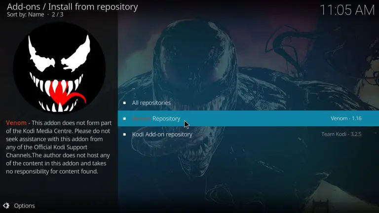 Venom repository option on kodi