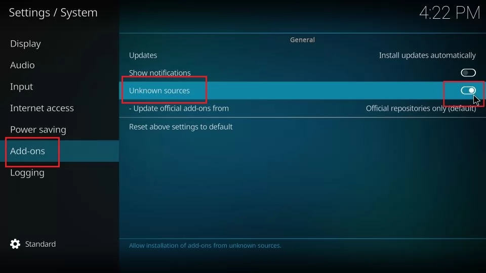 Unknown source option on kodi.