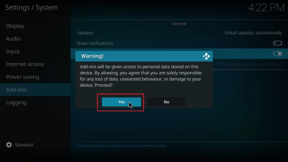 warning pop up box Kodi.