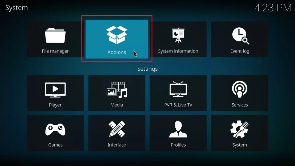 Add-ons option on the kodi