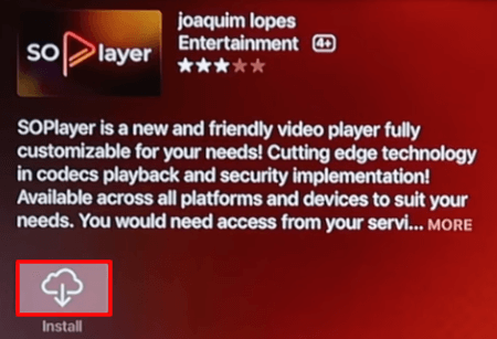 Select Install button to download the IPTV player on Apple TV