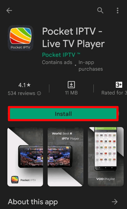 Click on the Install button to download Pocket IPTV