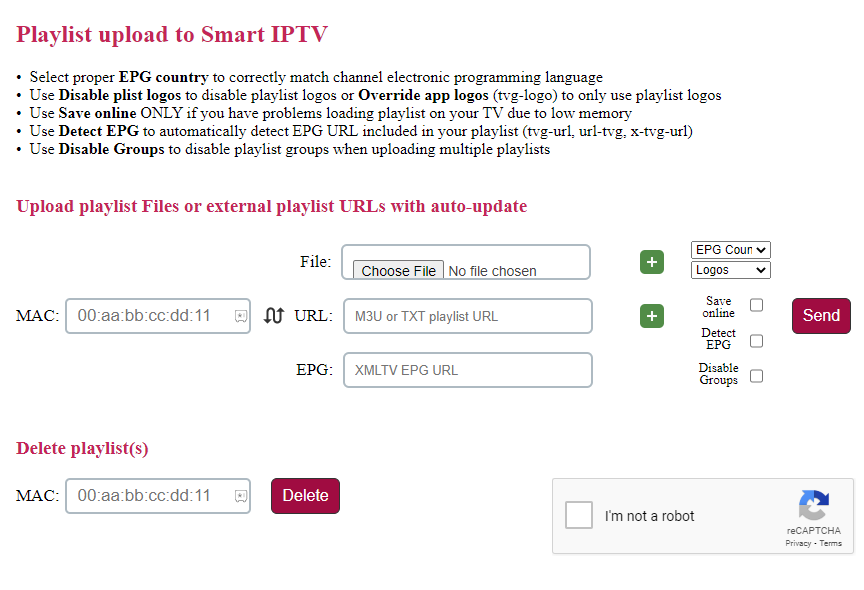 Click on Send button to upload Supersonic Streams playlist to the IPTV player