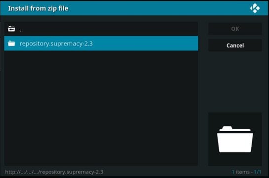 Select Supremacy Kodi addon repository Zip file