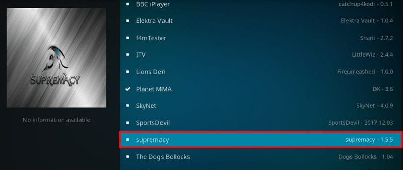 Select Supremacy from the list of Kodi add-on