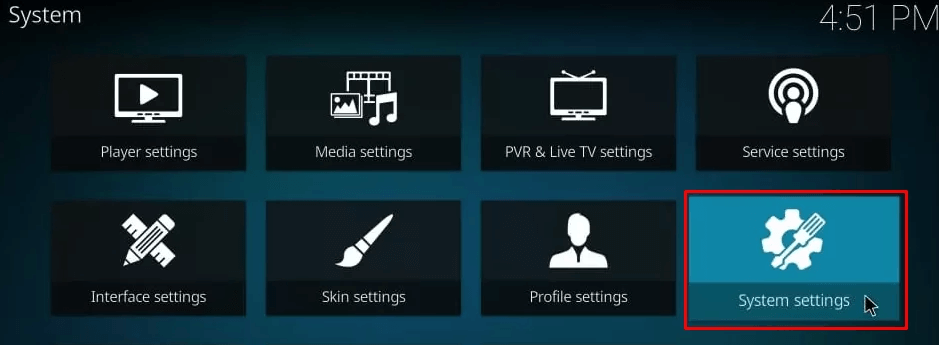 Select System settings on Kodi