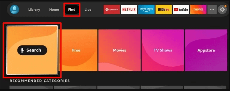 Select Search option on the Firestick home screen