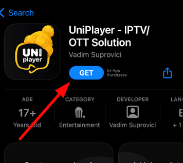 Click on Get to install Uniplayer on iOS