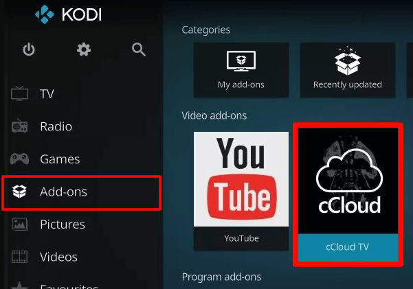 Select cCloud IPTV Kodi addon on the screen