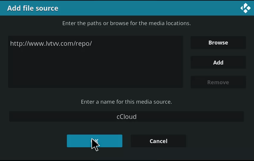 Type cCloud on Kodi and select OK button