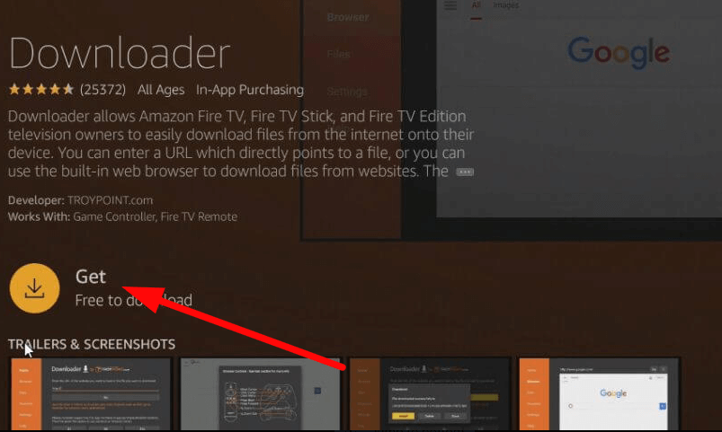 Click on Get or Download button to install Downloader on Firestick