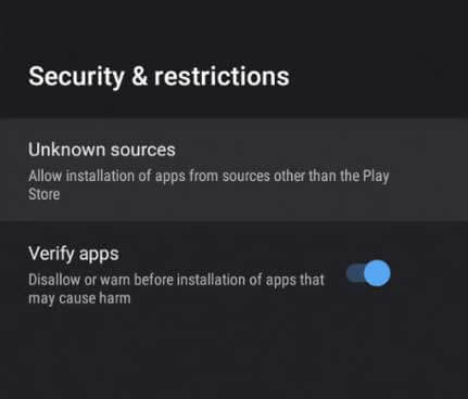 choose Unknown sources on Android TV