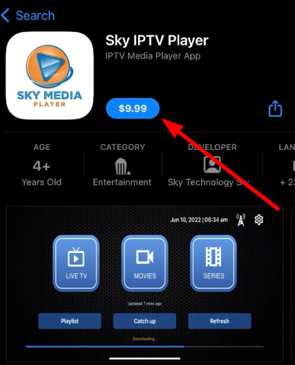 Click get or $button to install Sky Media player on iOS