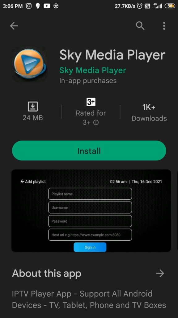 Click Install to download Sky Media player on Android