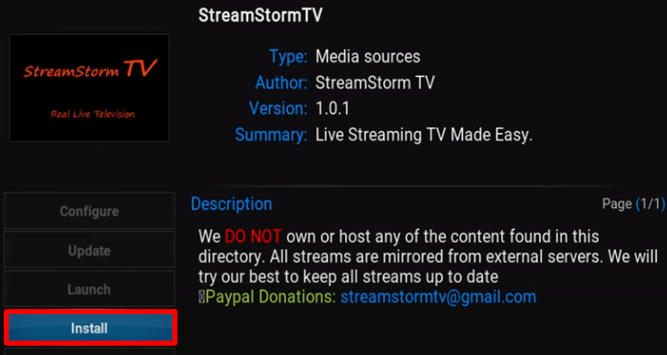 Click Install to download Streamstorm IPTV addon on Kodi