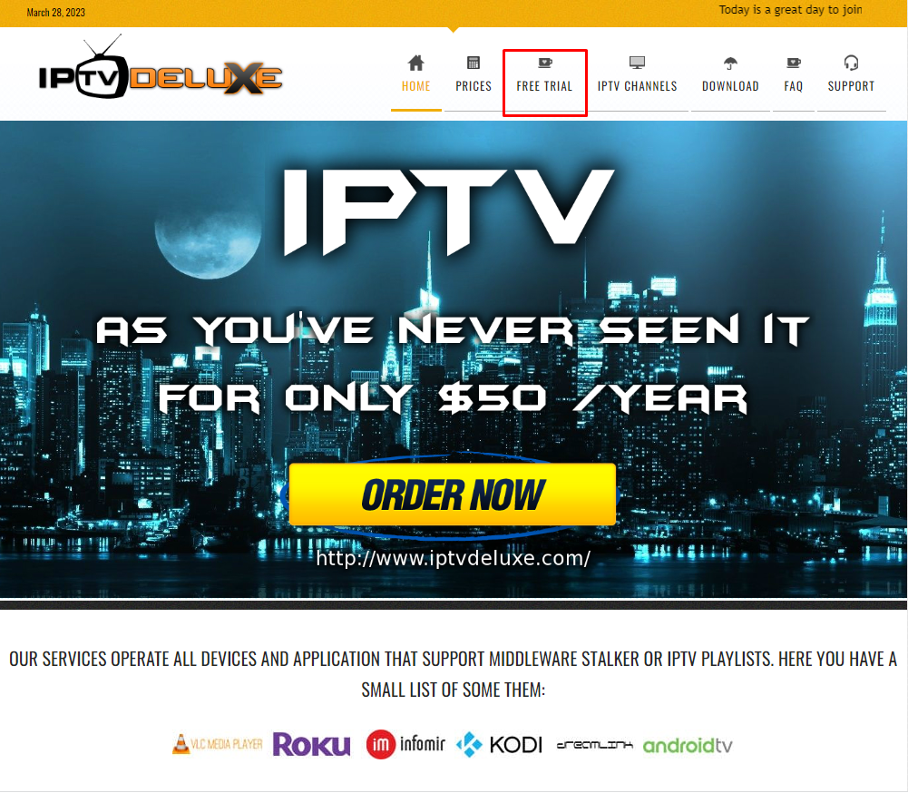Click on Free trial to stream IPTV Deluxe