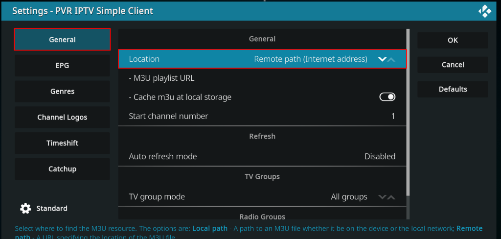 Select the General tab on Kodi