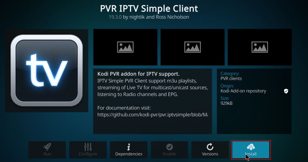 Click Install to stream Epic IPTV