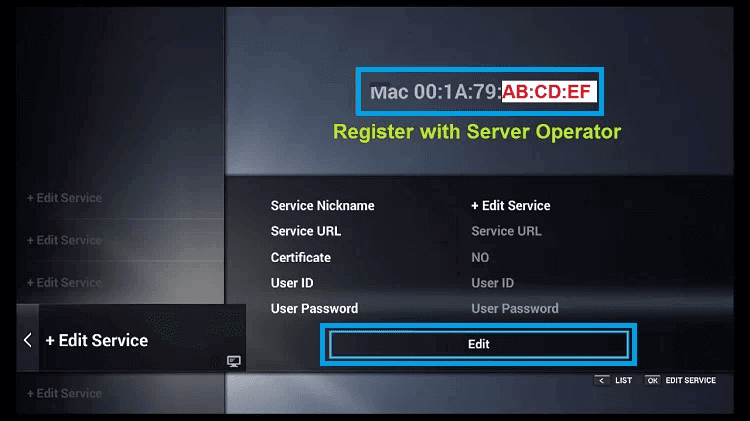 Select Edit Service to stream IPTVtune