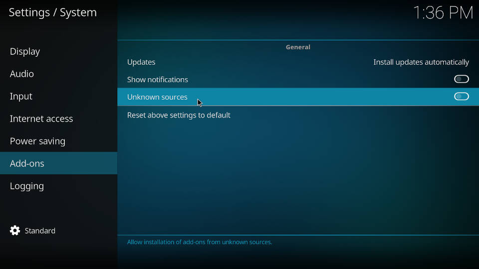 Turn on the toggle to install Playlist Loader Kodi addon