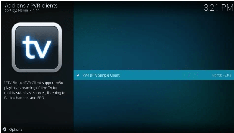Select PVR IPTV Simple Client from the list