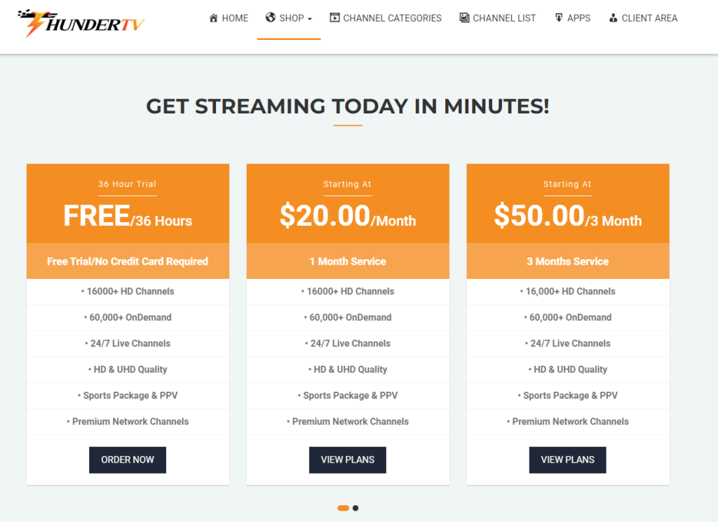 Choose the Subscription Plan on Thunder TV IPTV website