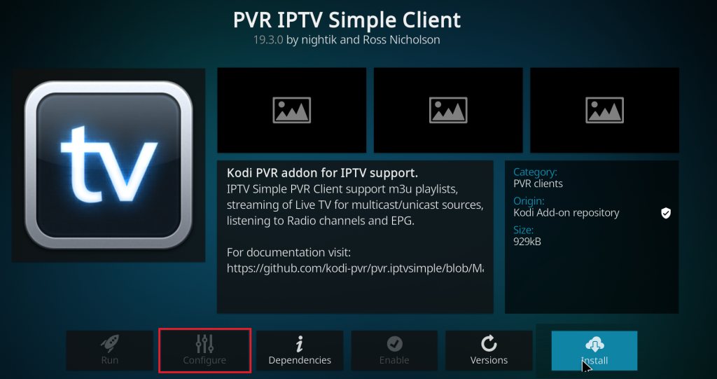 Click Configure to stream IPTV Palace
