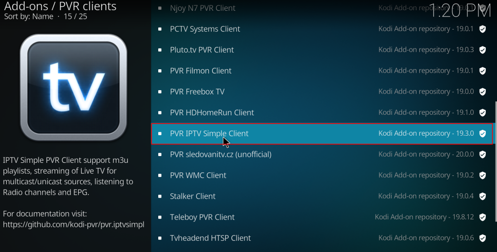 Select the PVR IPTV Simple Client to stream Ninja IPTV 