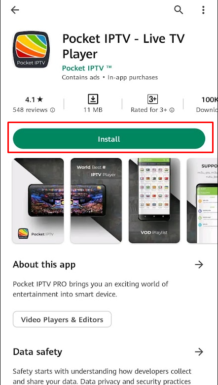 Click the Install button to download Pocket IPTV app