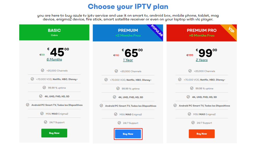 Choose your Plan on Cobra IPTV