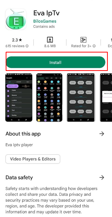 Click the Install button to install Eva IpTv on Android devices