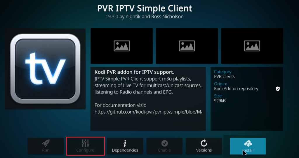 Click the Configure button to stream Honey Bee IPTV