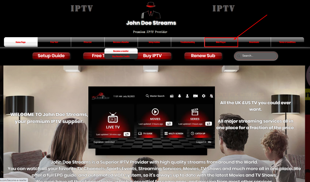 Click on Web Player to stream John Doe IPTV